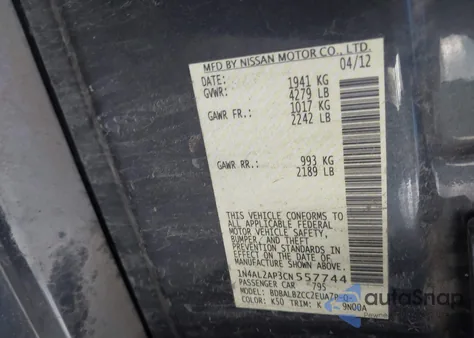 2012 Nissan Altima 2.5 S from USA, damaged, VIN 1N4AL2AP3CN557744